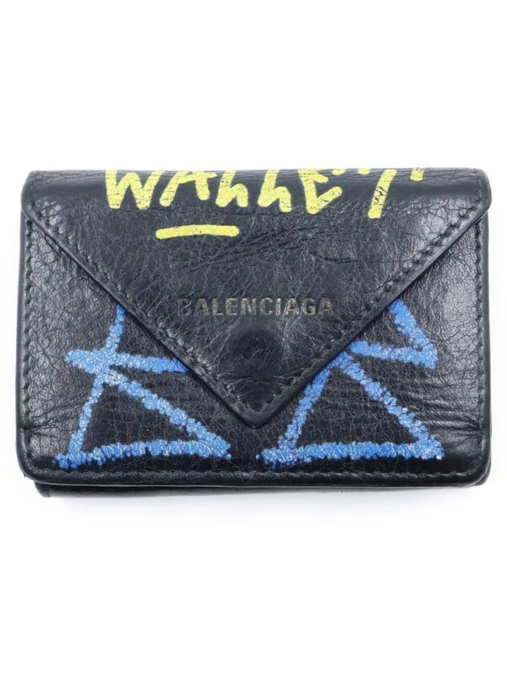 Balenciaga Paper Mini Wallet Graffiti Trifold Coin Purse Black Leather
